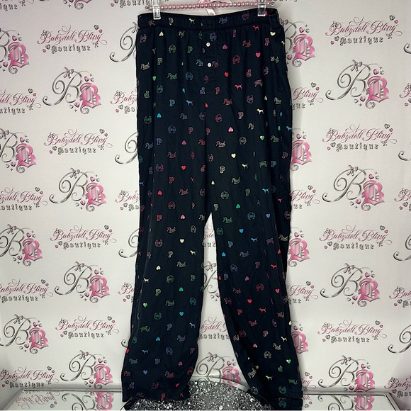 Victoria secret pink pj bottoms shiny shimmer logo print black multi color - Picture 2 of 8